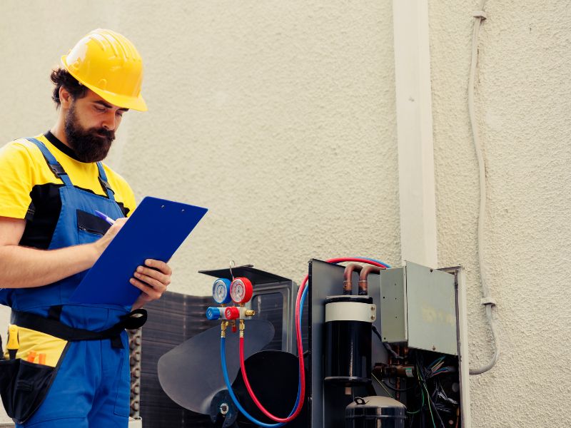 AC maintenance technician inspecting air conditioning system Dammam