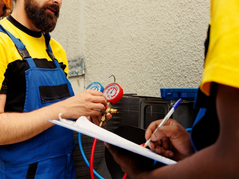 AC repair technician diagnosing air conditioner fault in Dammam
